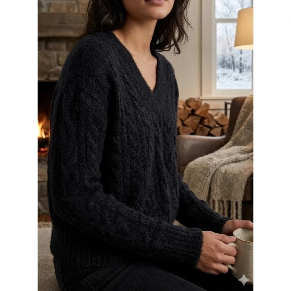 Lucky Brand Womens Black Fuzzy Cable Knit V-Neck Sweater‎ Size S